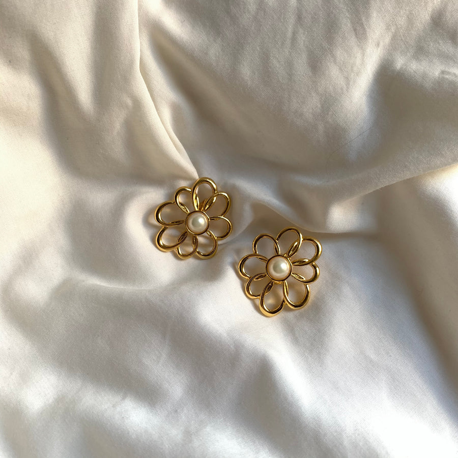 Vintage 14K Gold-plated Platinum Floral Earrings